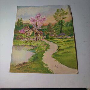 Watercolor Spring Landscape, bright pastels. Signed by Artist Esther "49